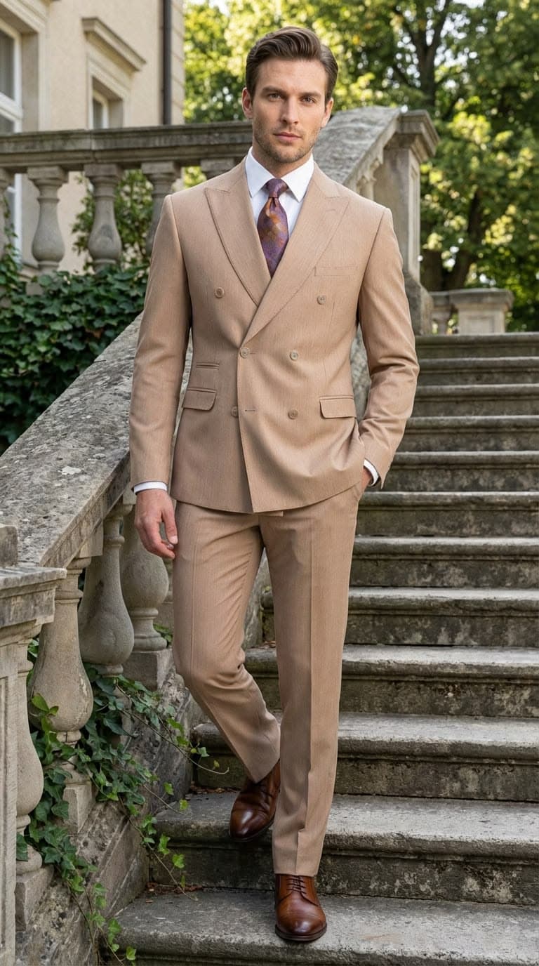 Cream double-breasted custom suit by best tailor in Koh Samui