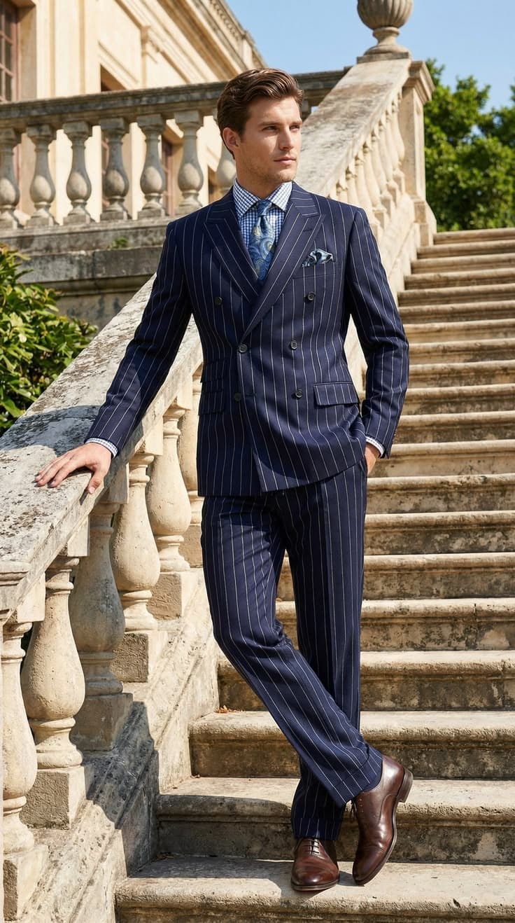 Blue pinstripe double-breasted suit custom made Koh Samui