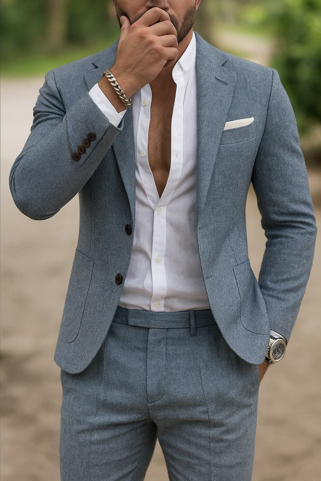 Blue linen suit lightweight custom tailoring Koh Samui