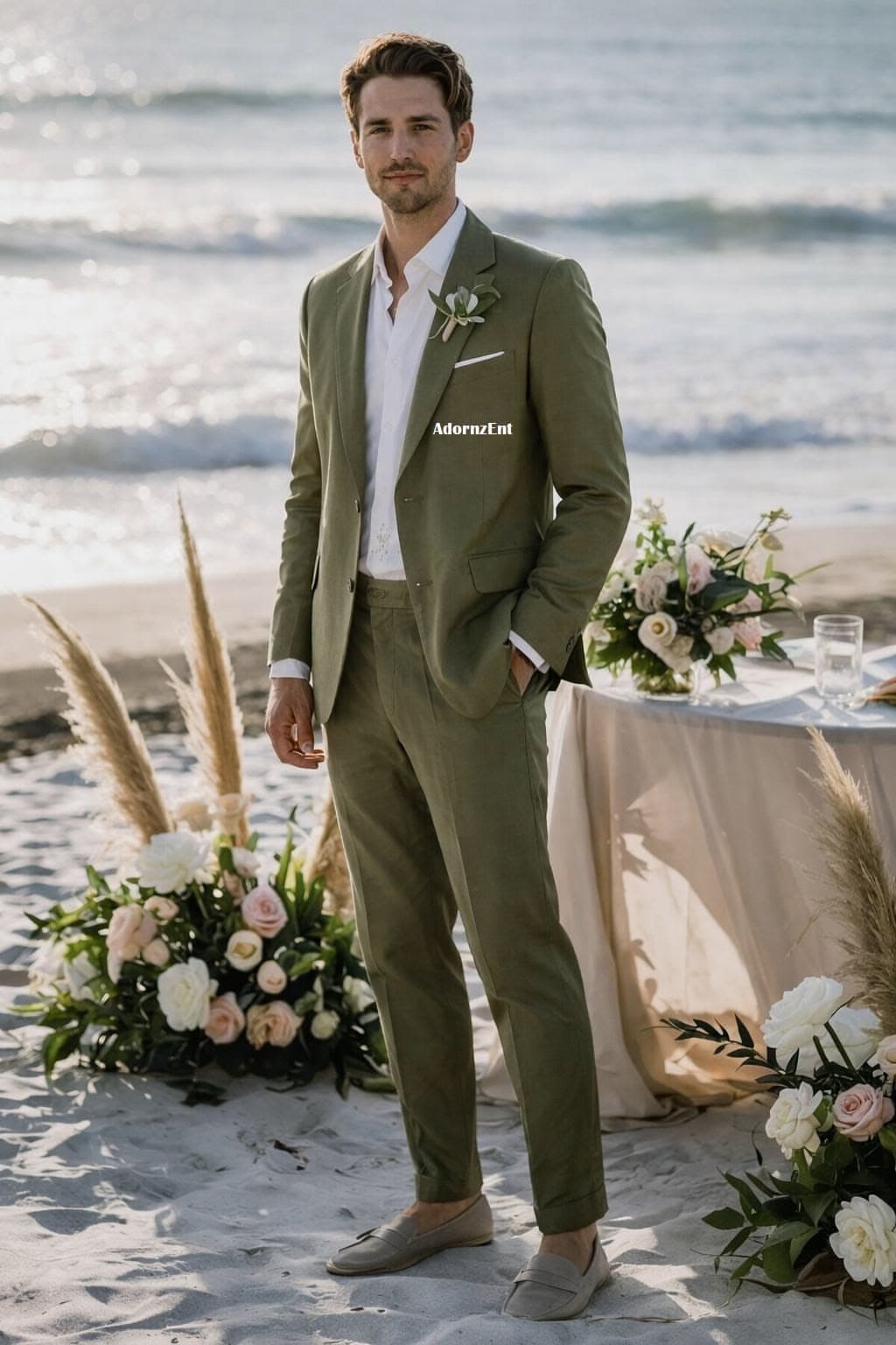 Clean green linen suit custom made in Koh Samui Thailand