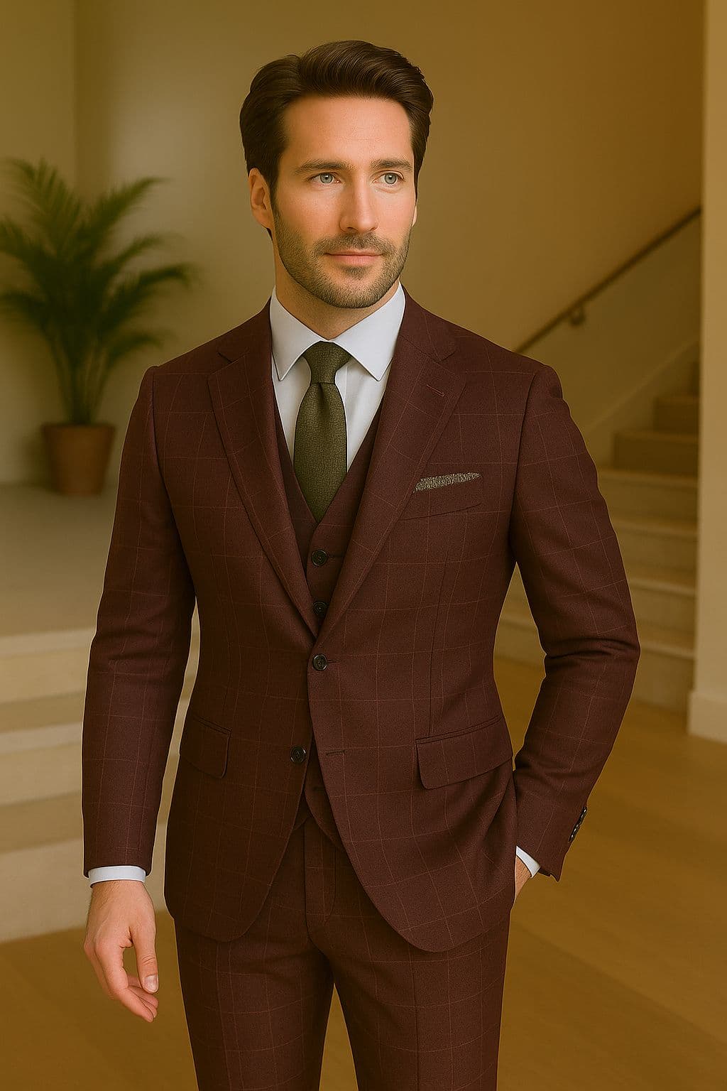 Red check pattern single-breasted suit custom made Koh Samui