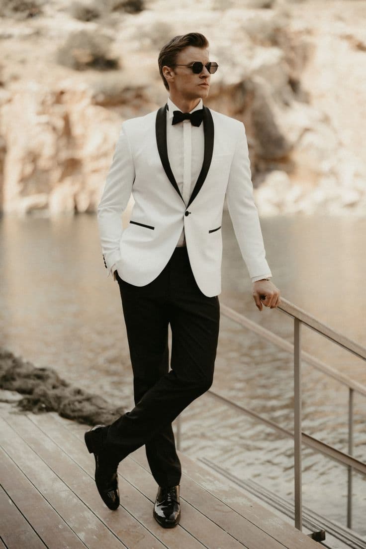 White tuxedo with black lapel bespoke tailoring Koh Samui