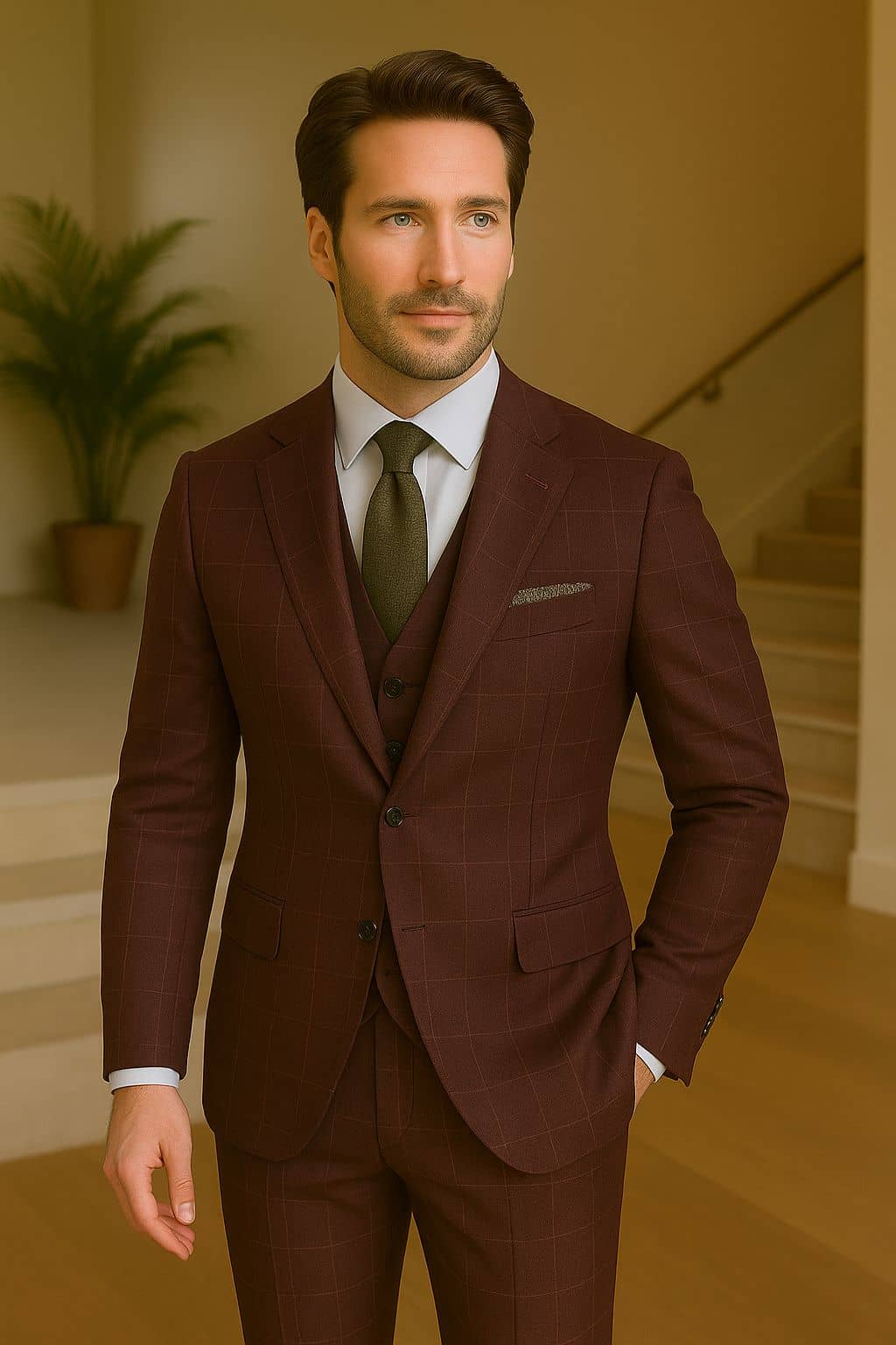 Red check pattern single-breasted suit custom made Koh Samui